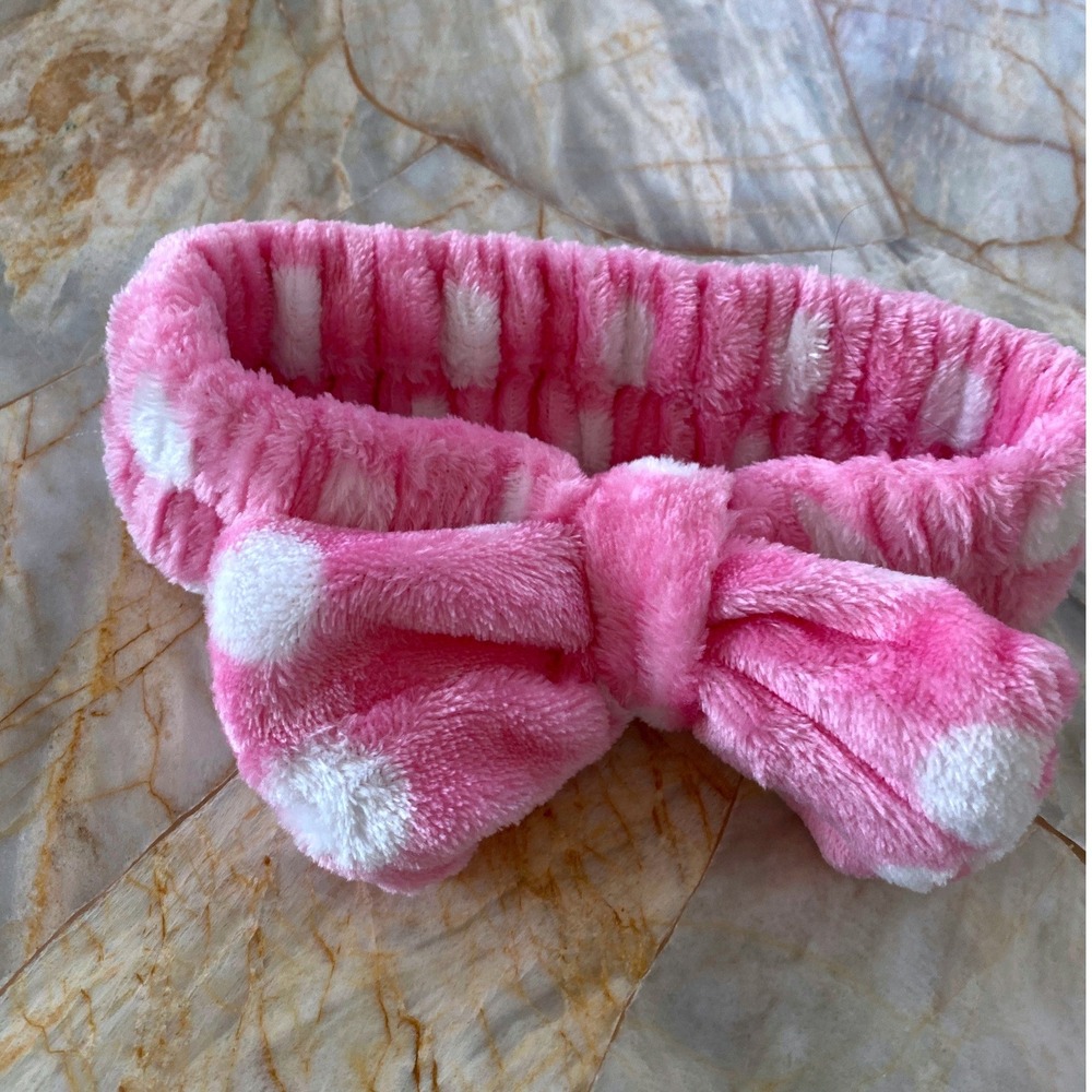 Pink Polka Dot Spa Headband Plush Microfiber Bow Skincare Hair Wrap Accessory